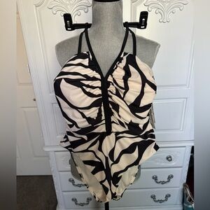 Sanctuary Black and Cream Ruched Halter One-Piece